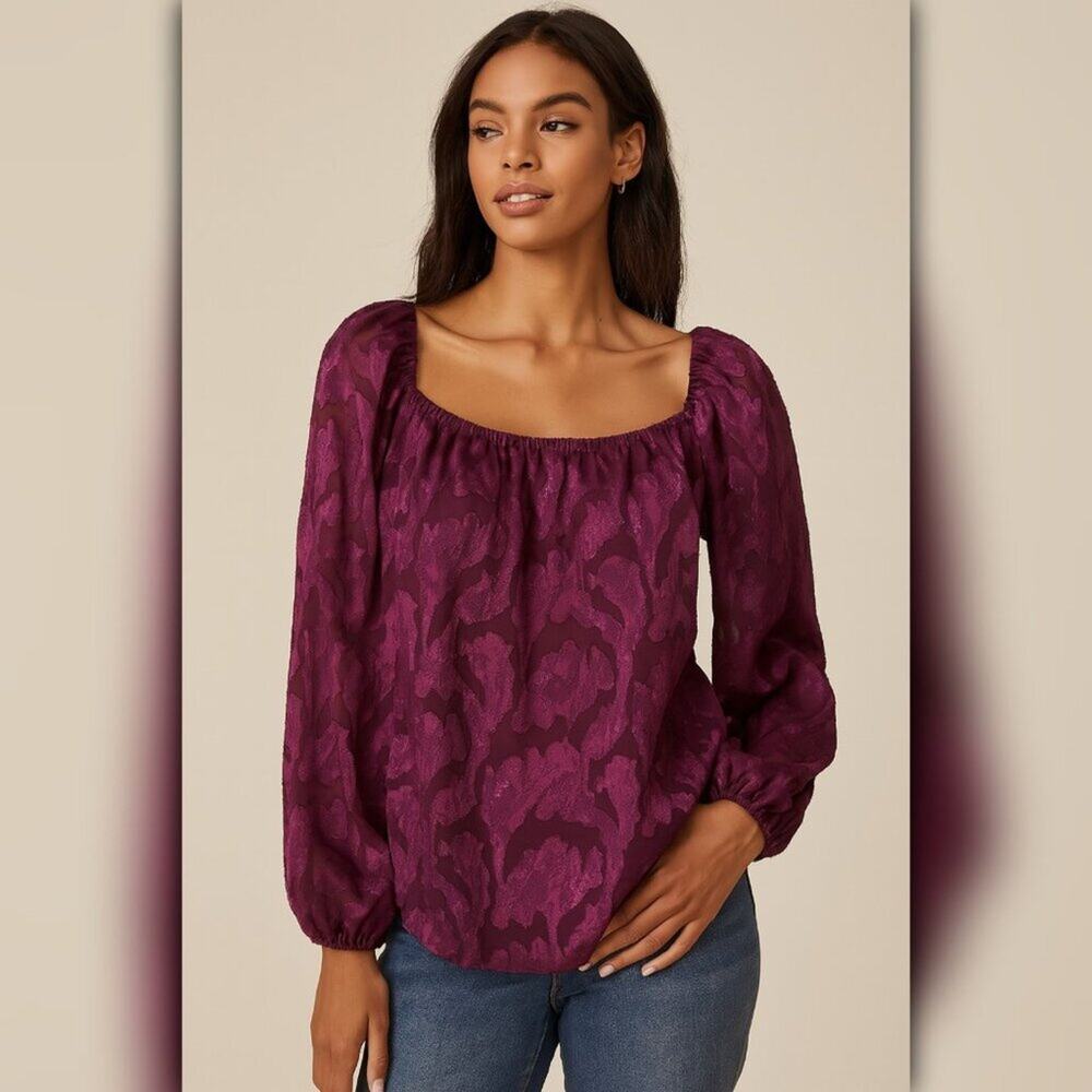 A407 β’ Plum Textured Floral Square Neck Sheer Sleeve Blouse